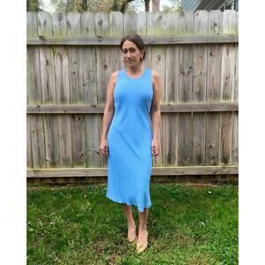 90s Vintage Washed French Blue Bias Cut Dress / Micro Polka Dot